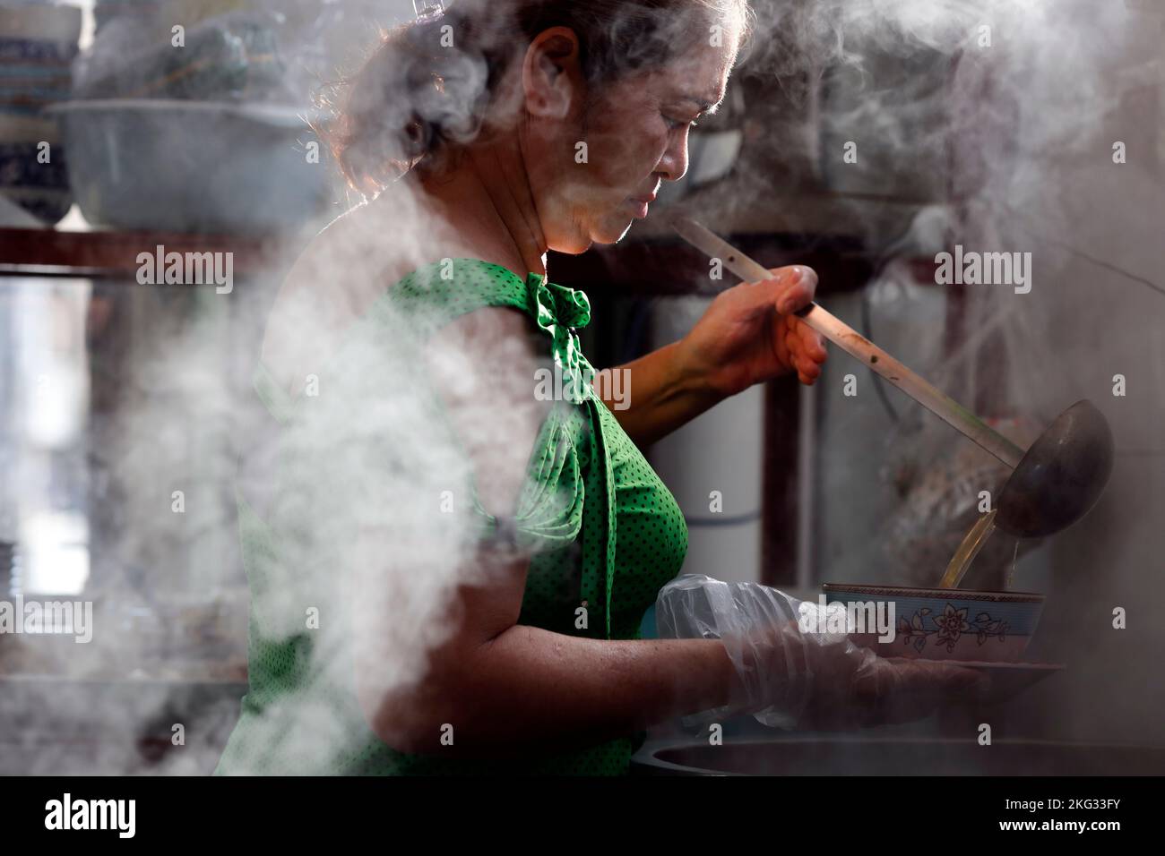 Woman cooking the Vietnamese tradional pho chicken noodle soup in a ...