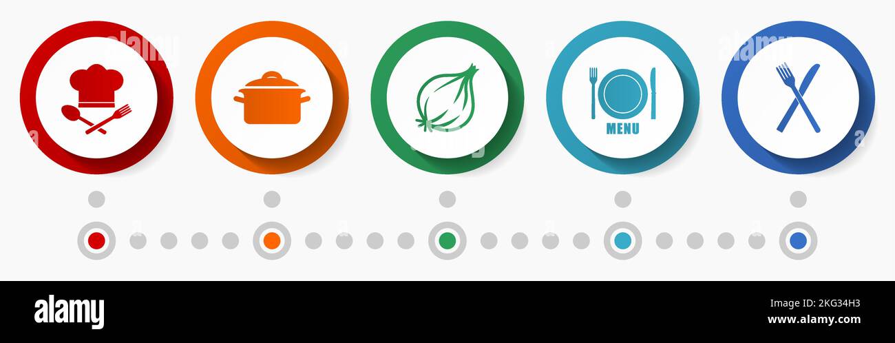 Food vector icon set, flat design buttons, restaurant concept infographic template Stock Vector