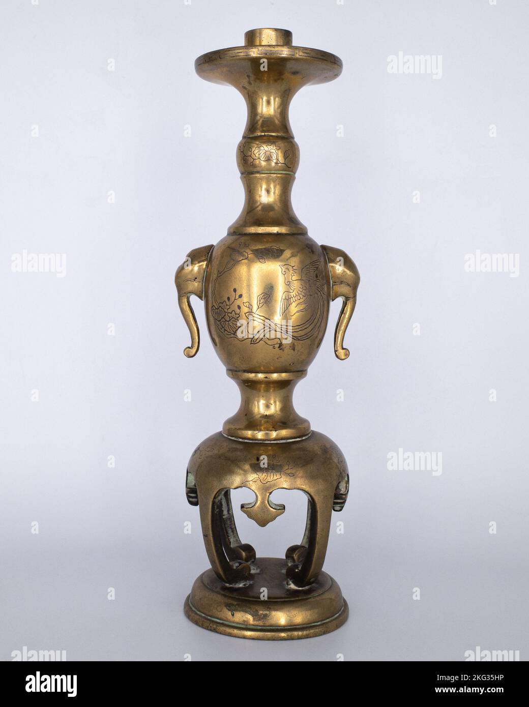 Fine Antique Japanese Silver Inlay Bronze Brass Candlestick. Meiji