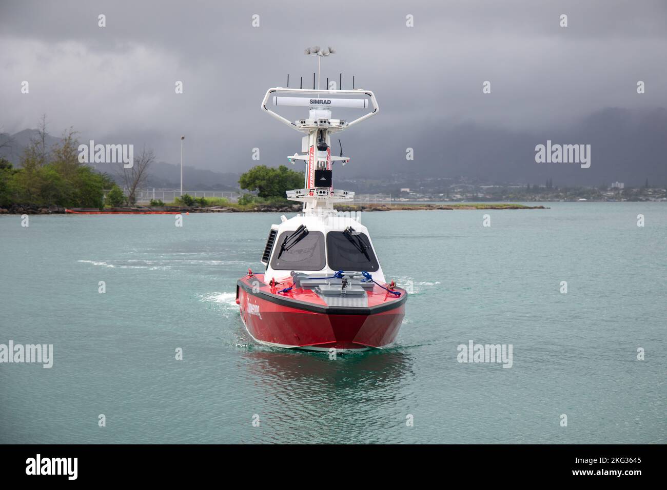 An ST Engineering vessel equipped with the AUTONOMAST system, conducts autonomous navigation and