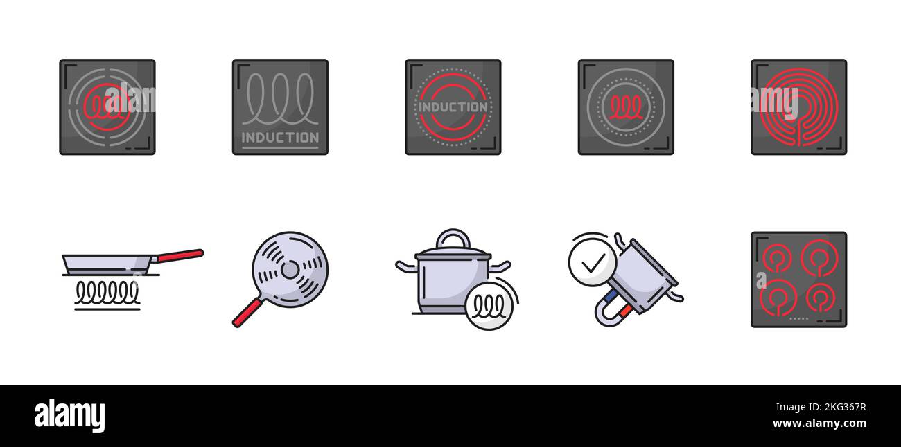 Induction icons, cooker or kitchen cooking hob and cooktop vector symbols. Induction compatible cookware and kitchenware pictograms or red spiral for electric cooking hob and induction use kitchenware Stock Vector
