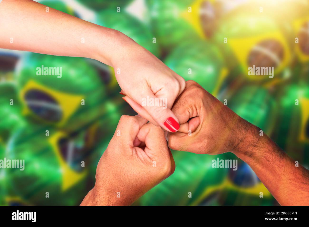 Brazilian Fans, Multiethnic Hands Shaking on Cinematic Background. For social media with copy space. Stock Photo