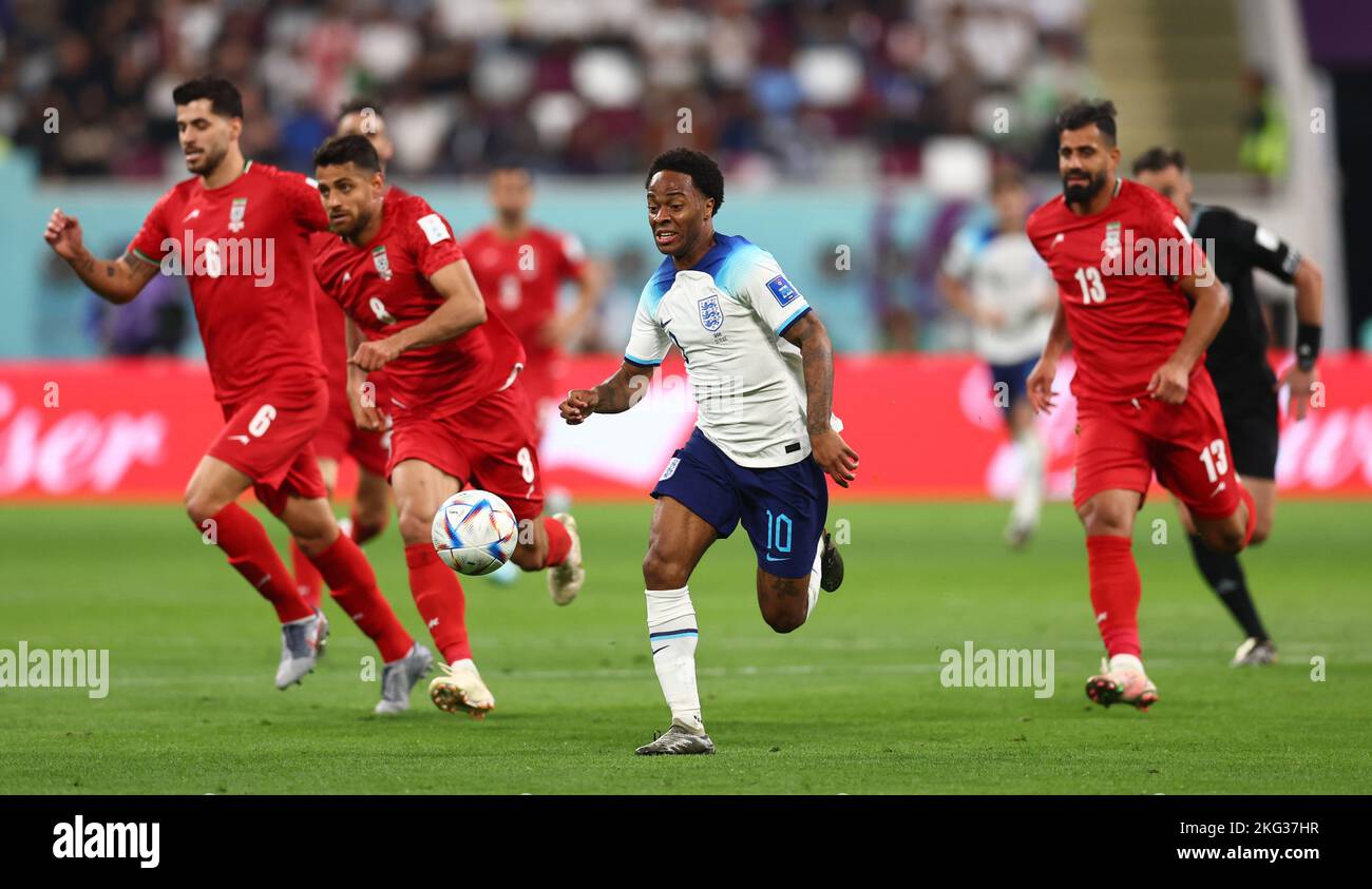 Doha, Qatar. 21st Nov, 2022. Iran's players chase after Raheem Sterling of England during the FIFA World Cup match at Khalifa International Stadium, Doha. Picture credit should read: David Klein/Sportimage Credit: Sportimage/Alamy Live News Stock Photo