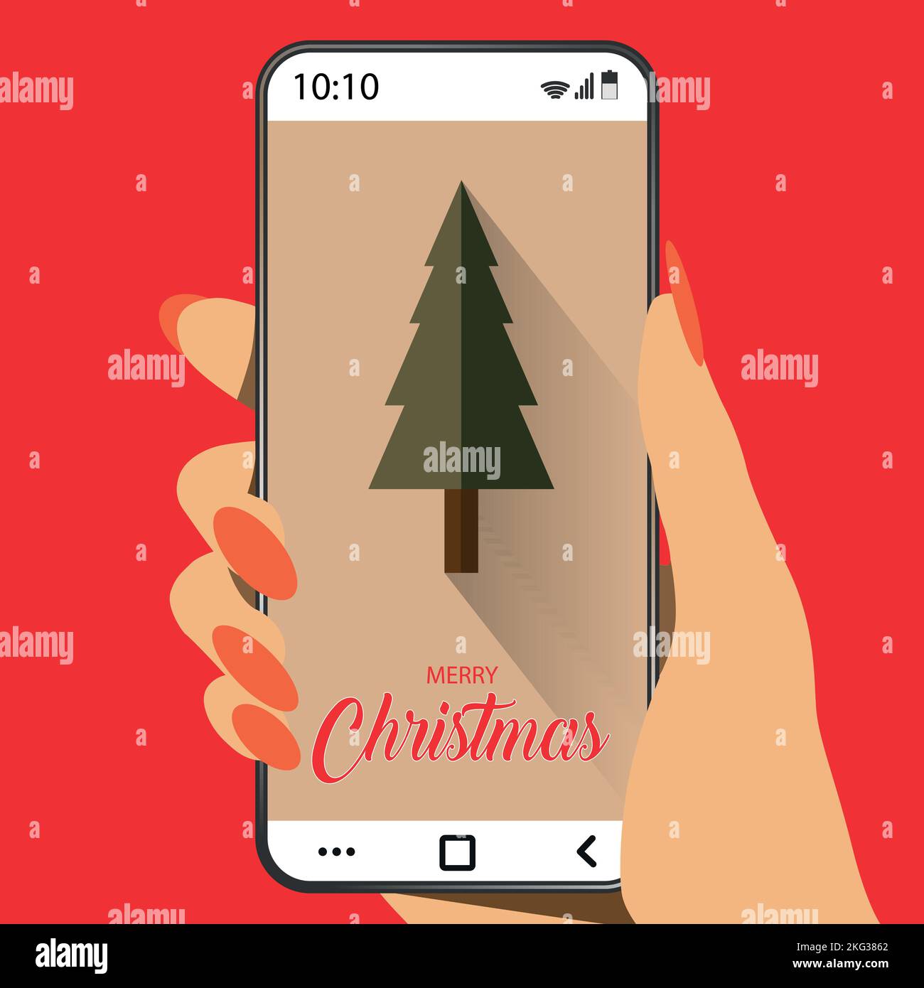 vector illustration of a female hand with pink nails showing a smartphone with an image of a christmas tree Stock Vector