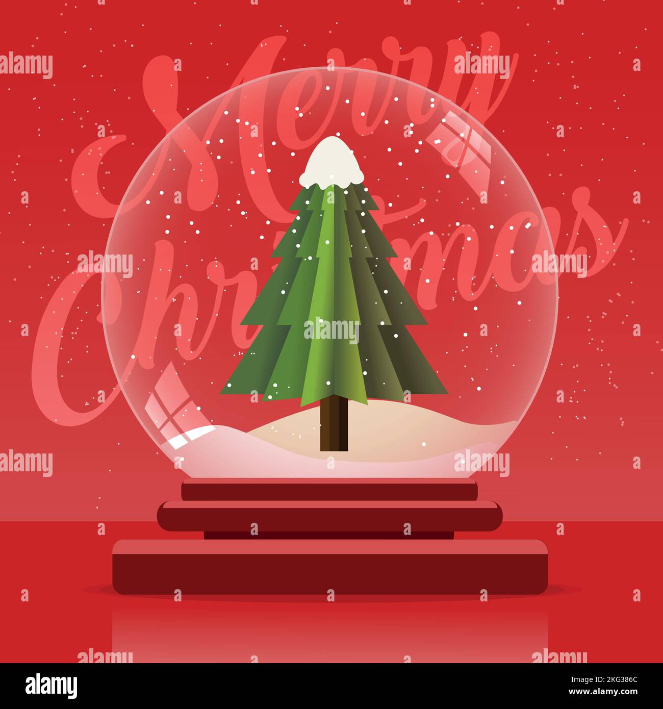 Vector illustration of a Christmas tree on snowy hills inside a crystal ball - Christmas greeting message on red background - Christmas vacation conce Stock Vector