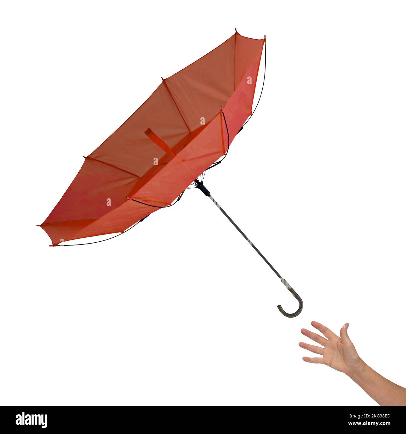 Woman's hand with inside out umbrella in gust of wind isolated on white. Stock Photo