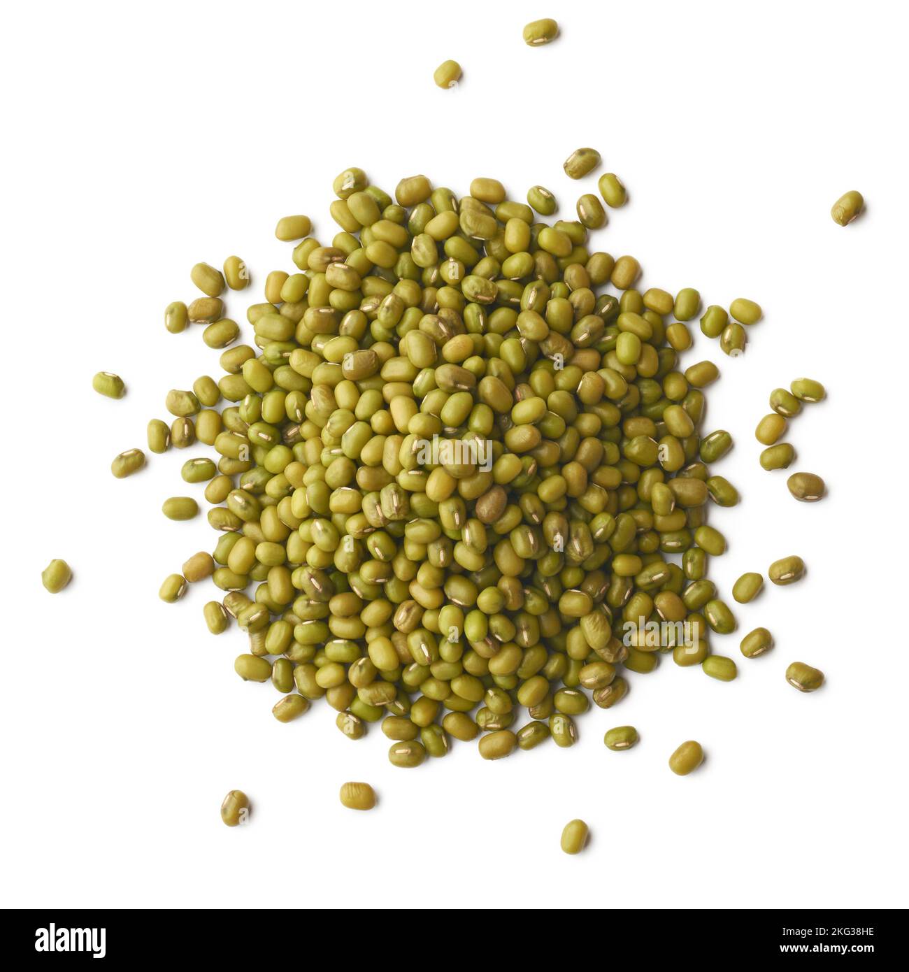 pile of raw green gram or mung beans, high nutrients and antioxidant grain legumes isolated on white background, taken straight from above Stock Photo