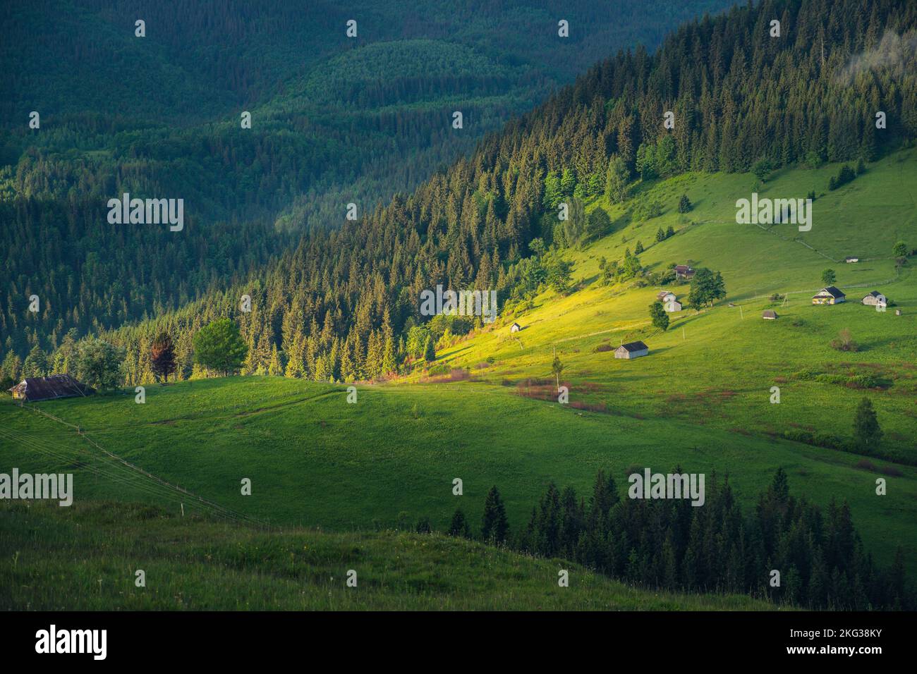 Mountain rural landscape with sun light on the green hills at sunrise. Stock Photo