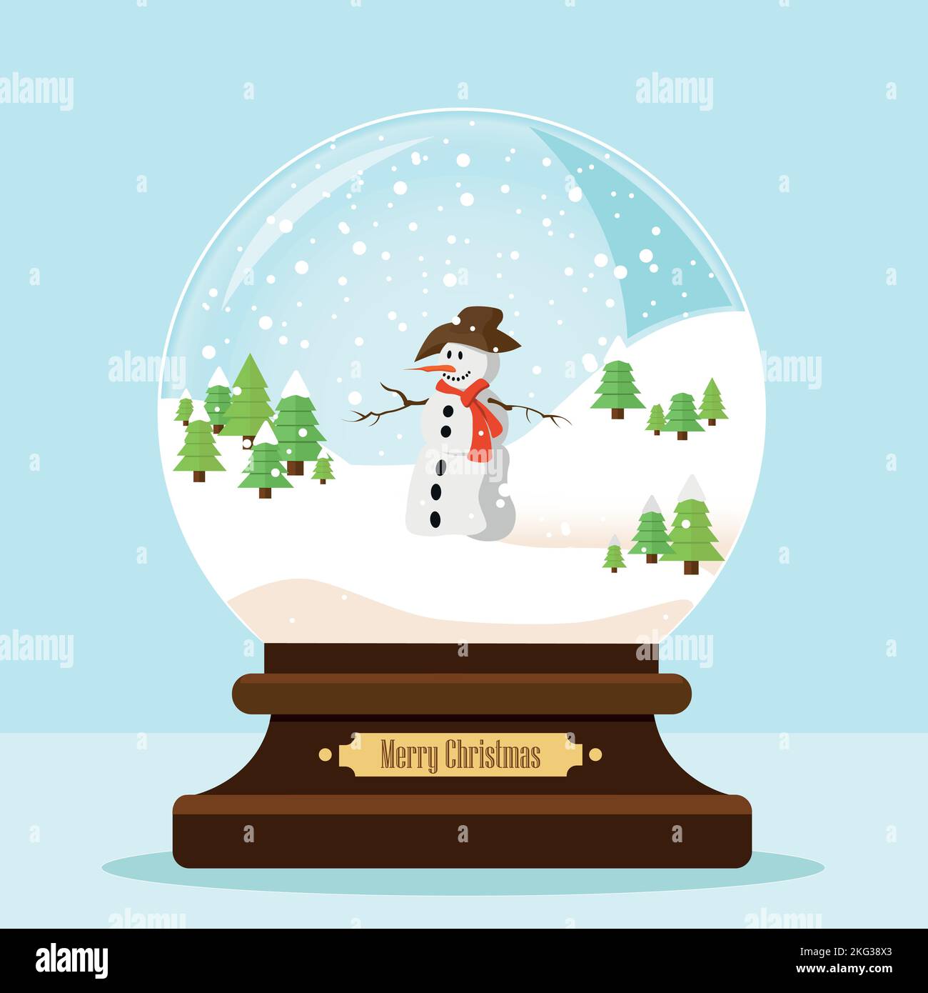 snowman among snowy hills and mountain pines inside a crystal ball - vector illustration - christmas holidays concept Stock Vector
