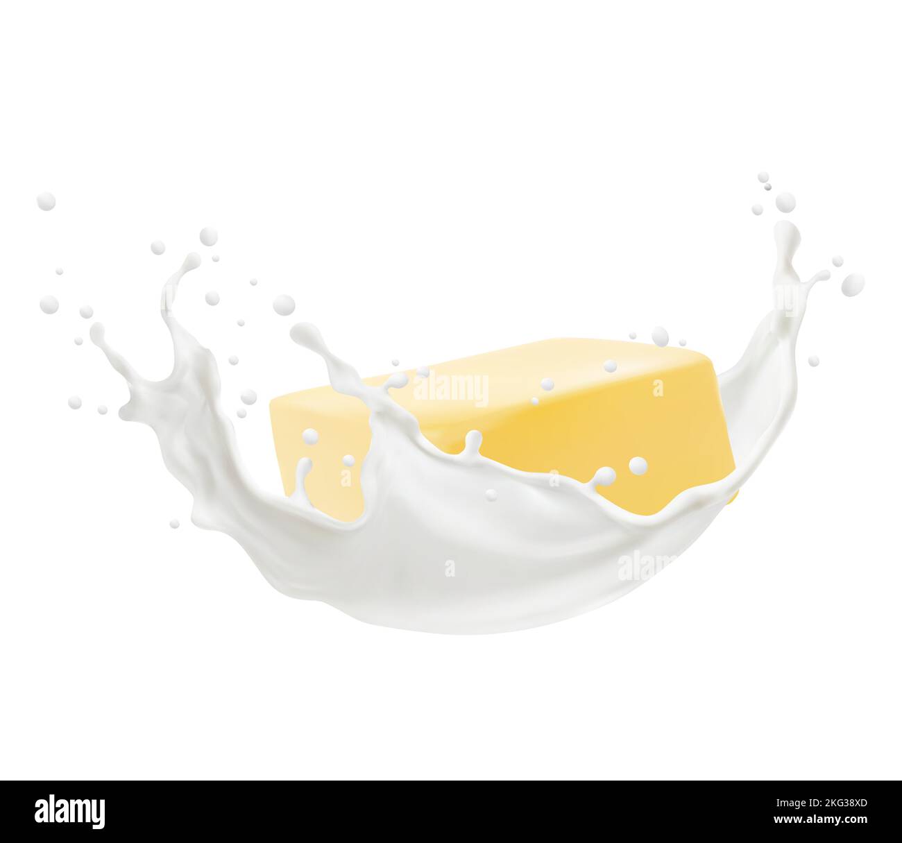 Realistic butter and milk splash. Isolated vector fresh square slice of