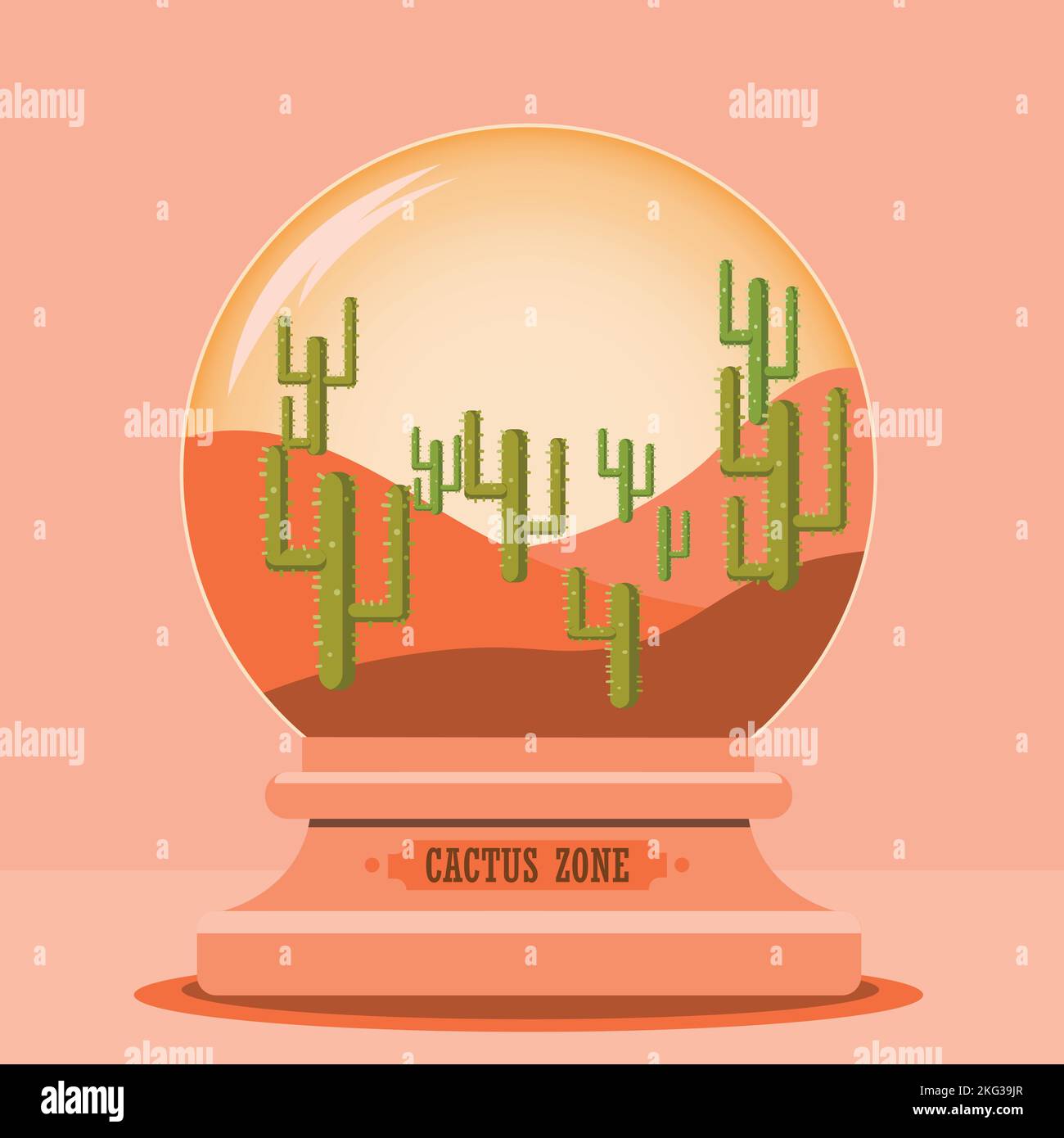 desert landscape illustration with dunes and cactus under the sun inside a crystal ball - vector illustration - desert land concept Stock Vector