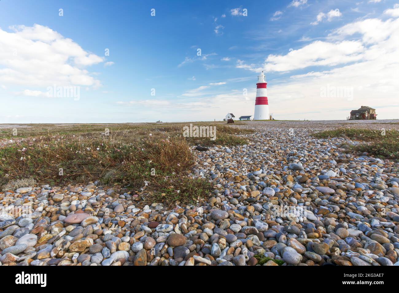 Orford Ness, atomic weapons research site, showing lighthouse and shingle beach, Suffolk, United Kingdom Stock Photo