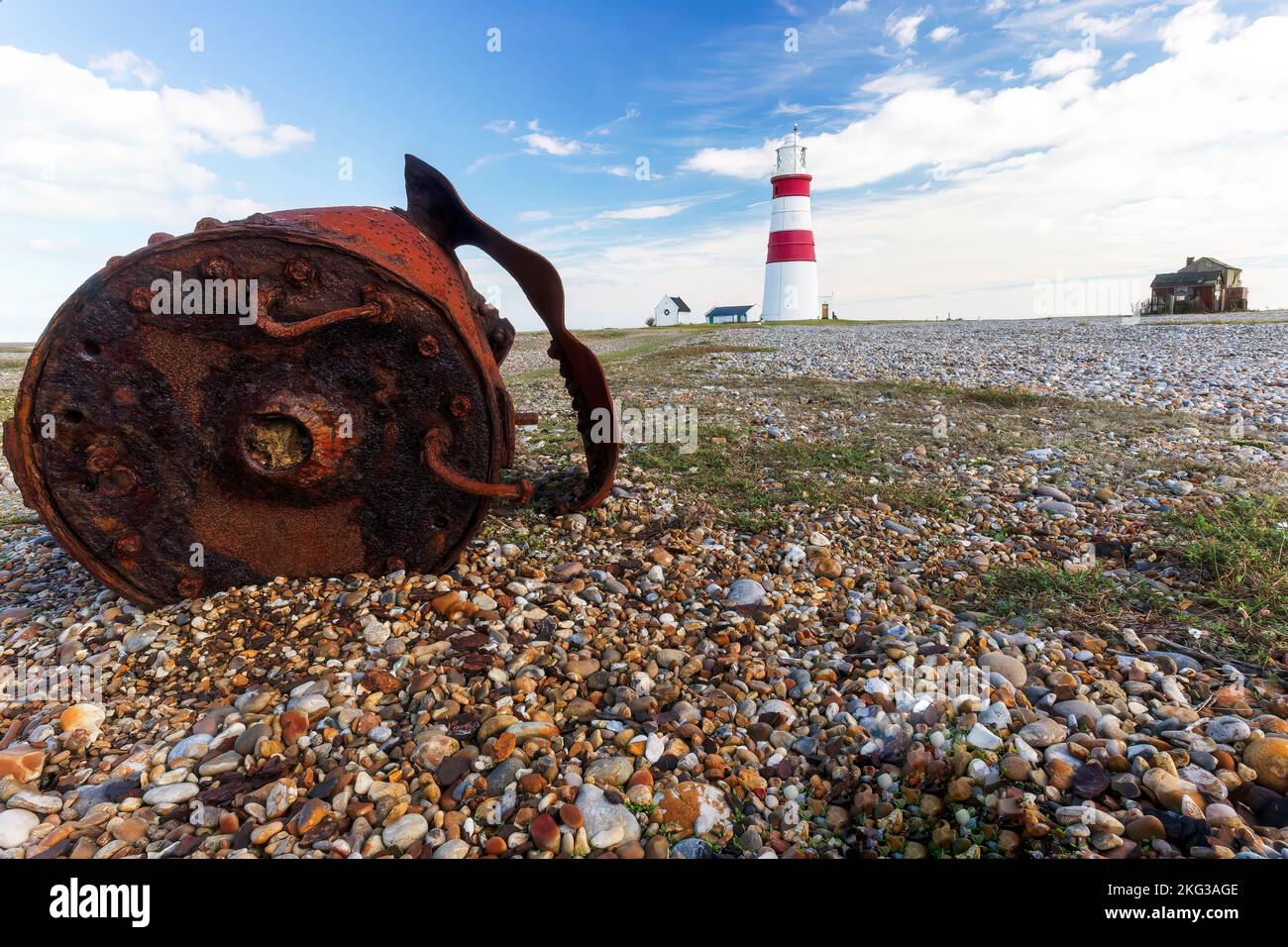 Orford Ness, atomic weapons research site, showing lighthouse and shingle beach, Suffolk, United Kingdom Stock Photo