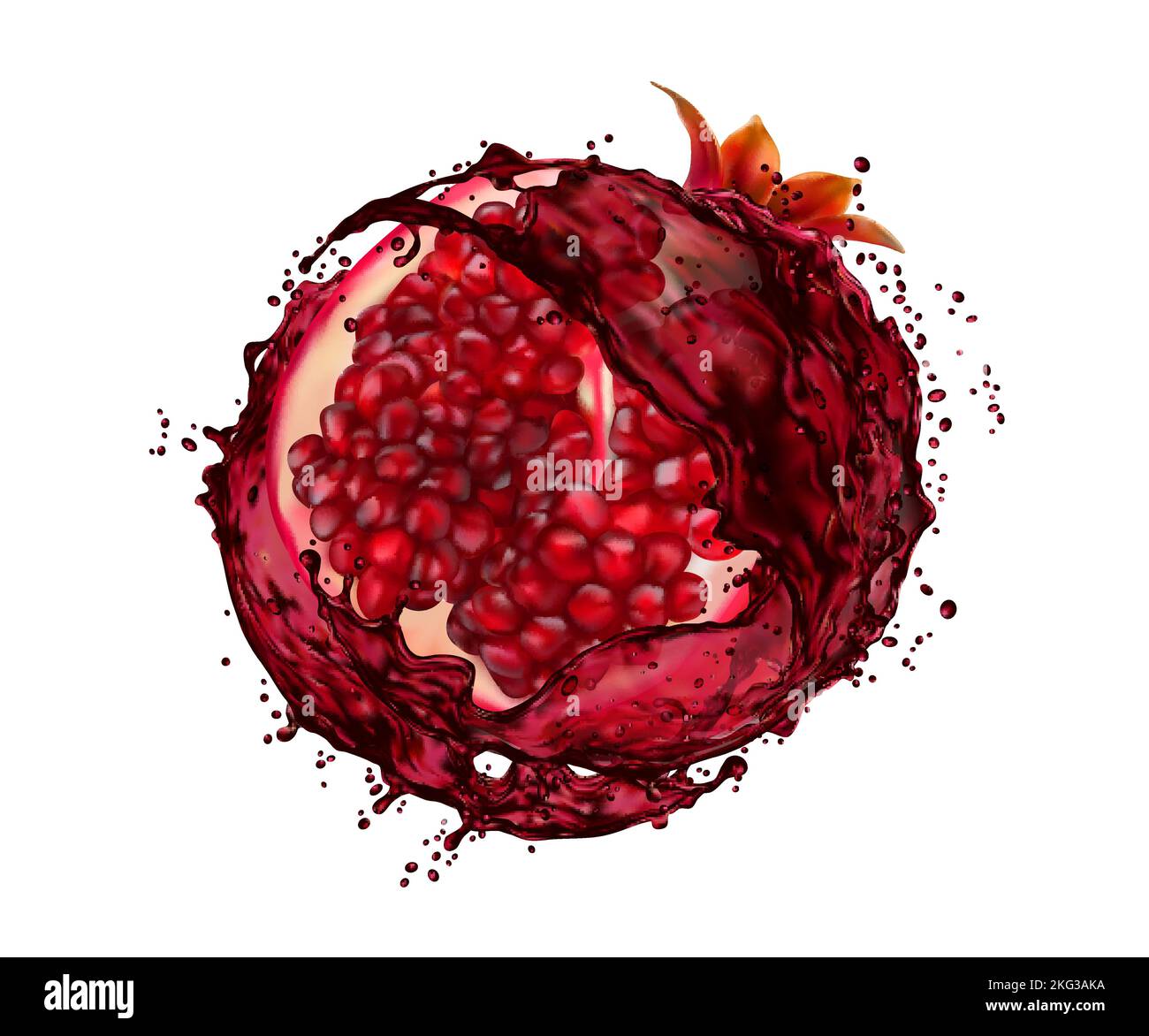 Pomegranate fruit with juice splash. Realistic 3d vector slice with ...