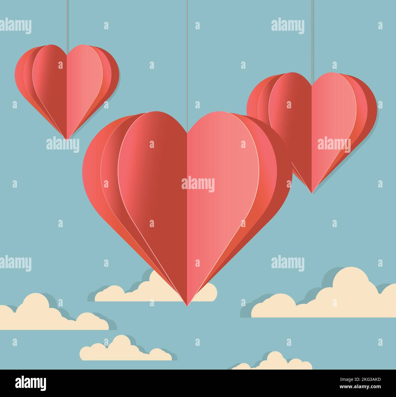 illustration of three red hearts hanging on a blue sky and white clouds Stock Vector