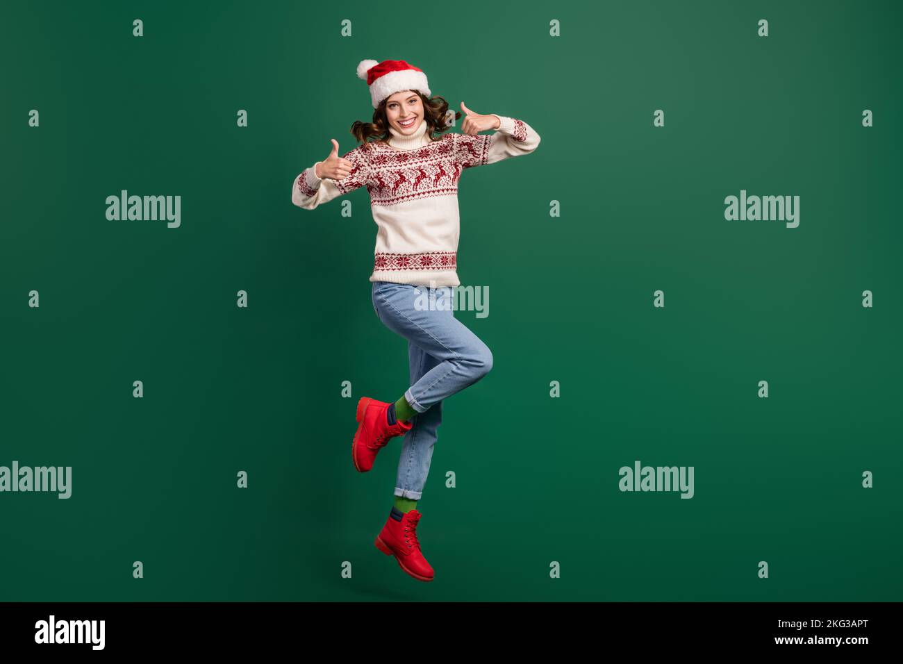 Full length portrait of cheerful attractive person jumping hands