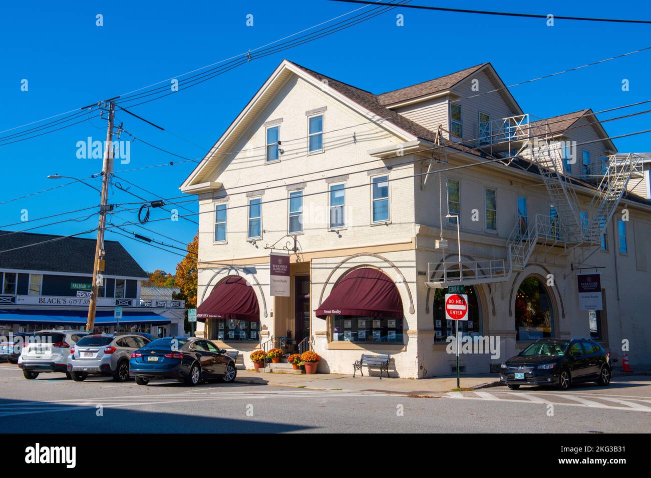 Historic commercial buildings in fall at 22 S Main Street in historic