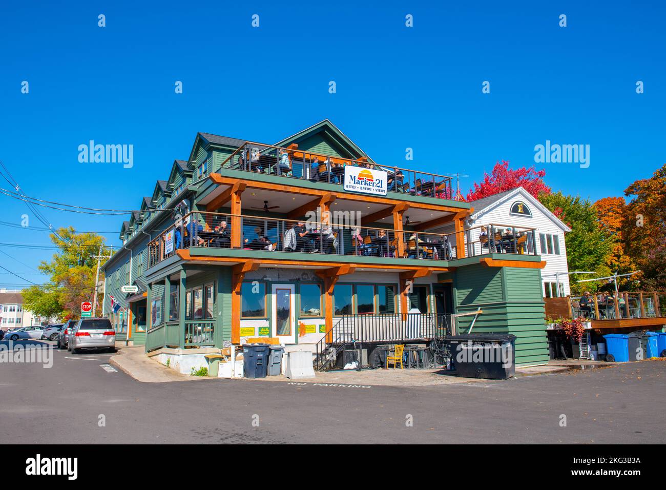 Marker 21 restaurant in fall at Lake Winnipesaukee waterfront in