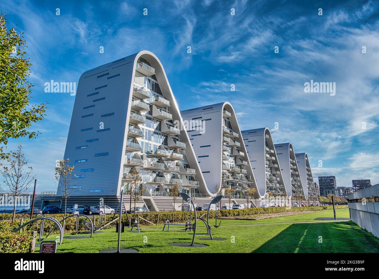 The Wave iconic apartments in Vejle at the fjord, Denmark Stock Photo