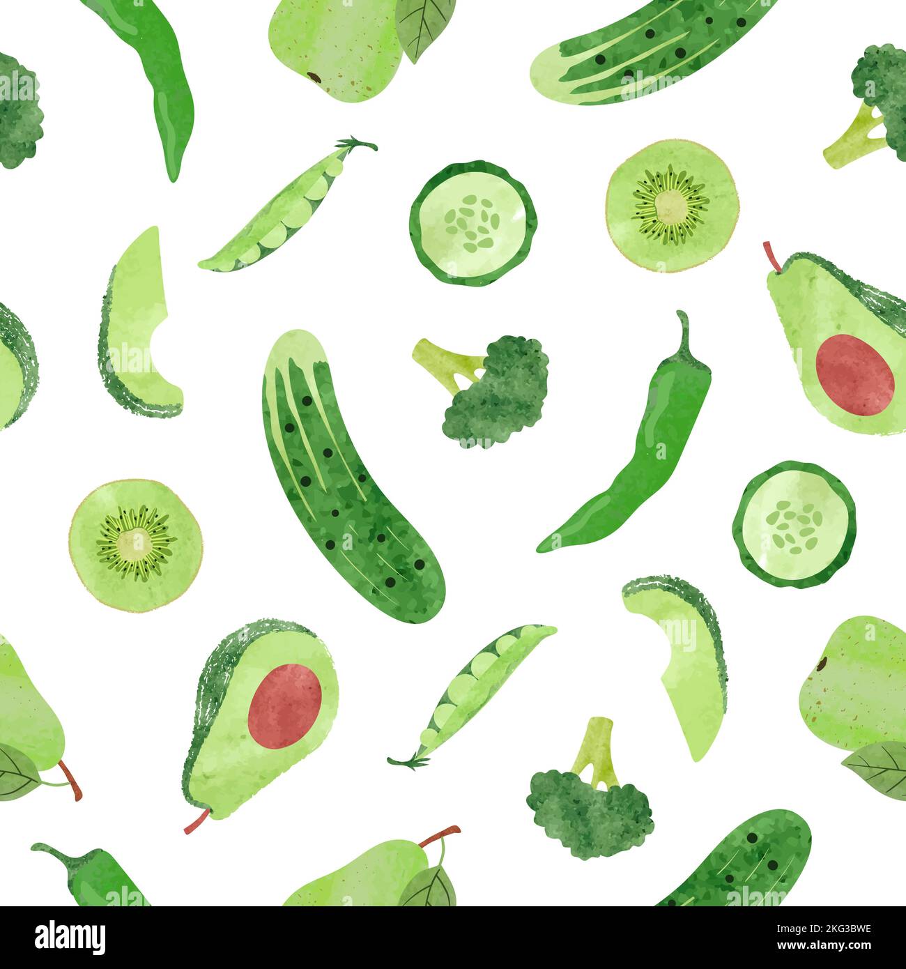 Seamless pattern with watercolor green vegetables and fruits Stock ...