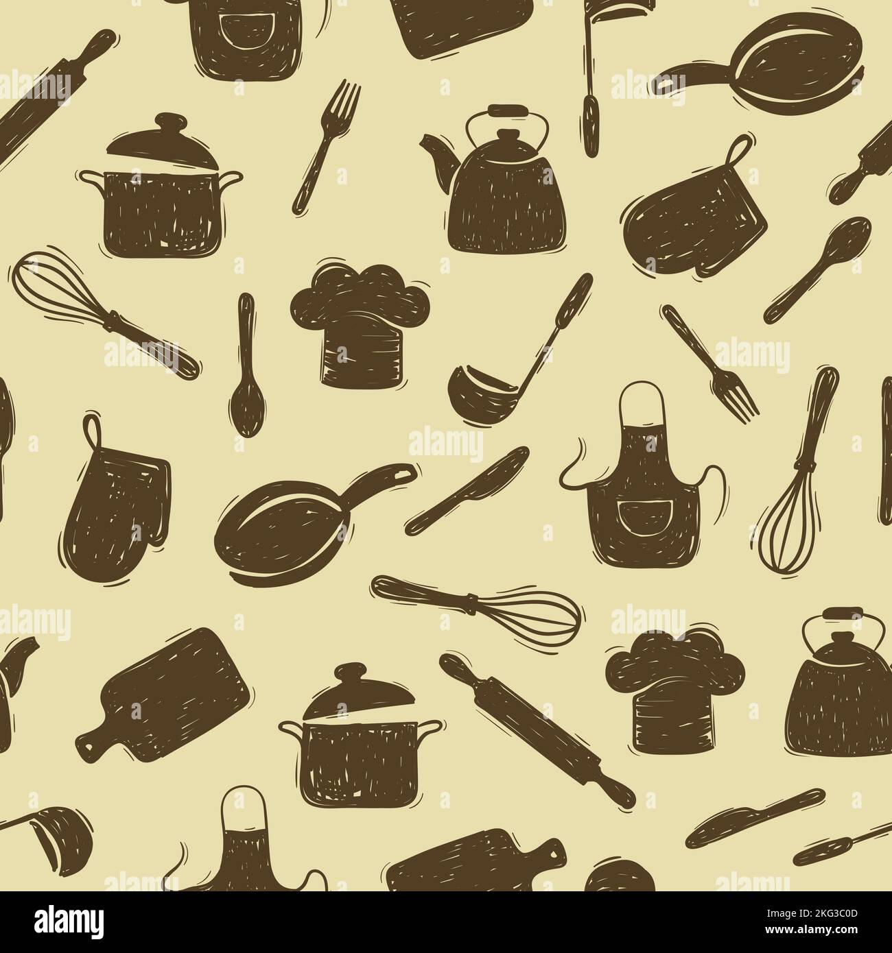Seamless pattern with doodle kitchen utensils. Stock Vector