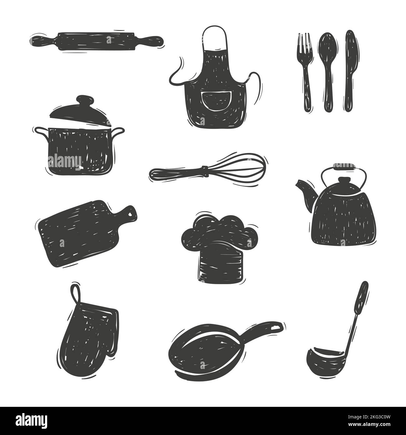 Kitchen utensils set. Vector hand drawn illustration. Doodle tool Icons Stock Vector
