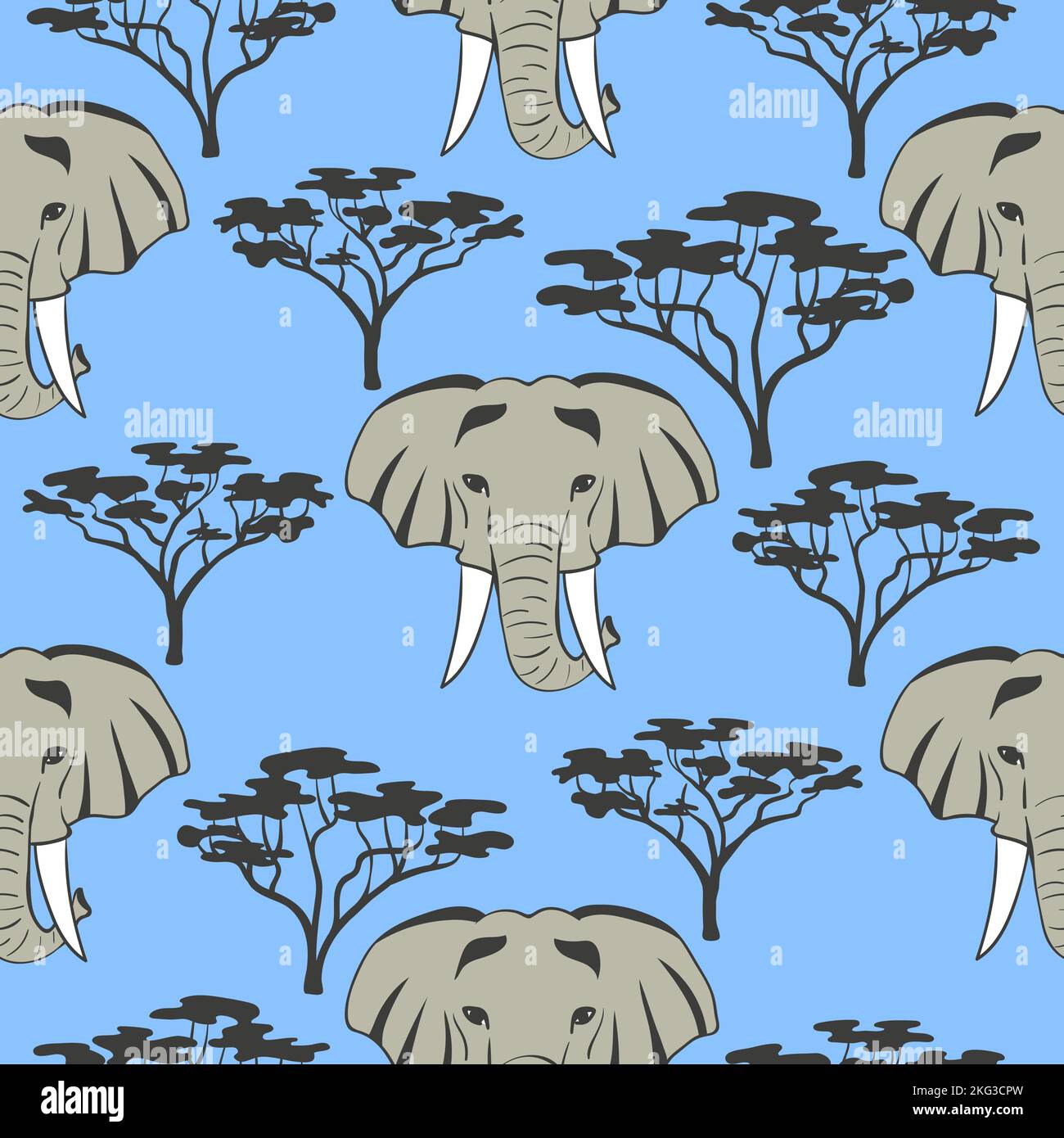 Seamless African pattern with elephant heads and trees Stock Vector