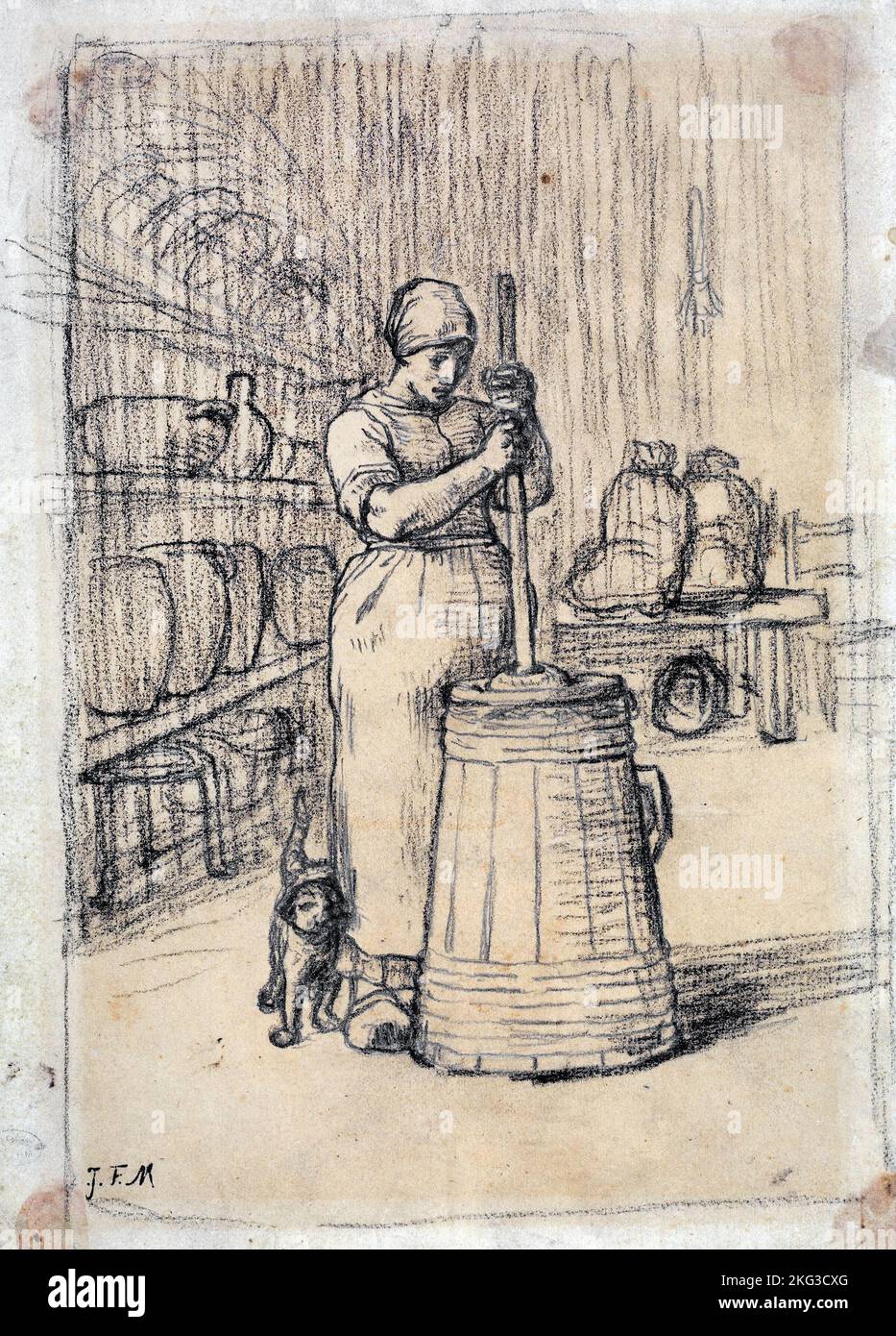 Jean-Francois Millet; Study for Woman Churning Butter; Circa 1855-1856; Graphite pencil and black conte crayon on tracing paper; Museum of Fine Arts B Stock Photo