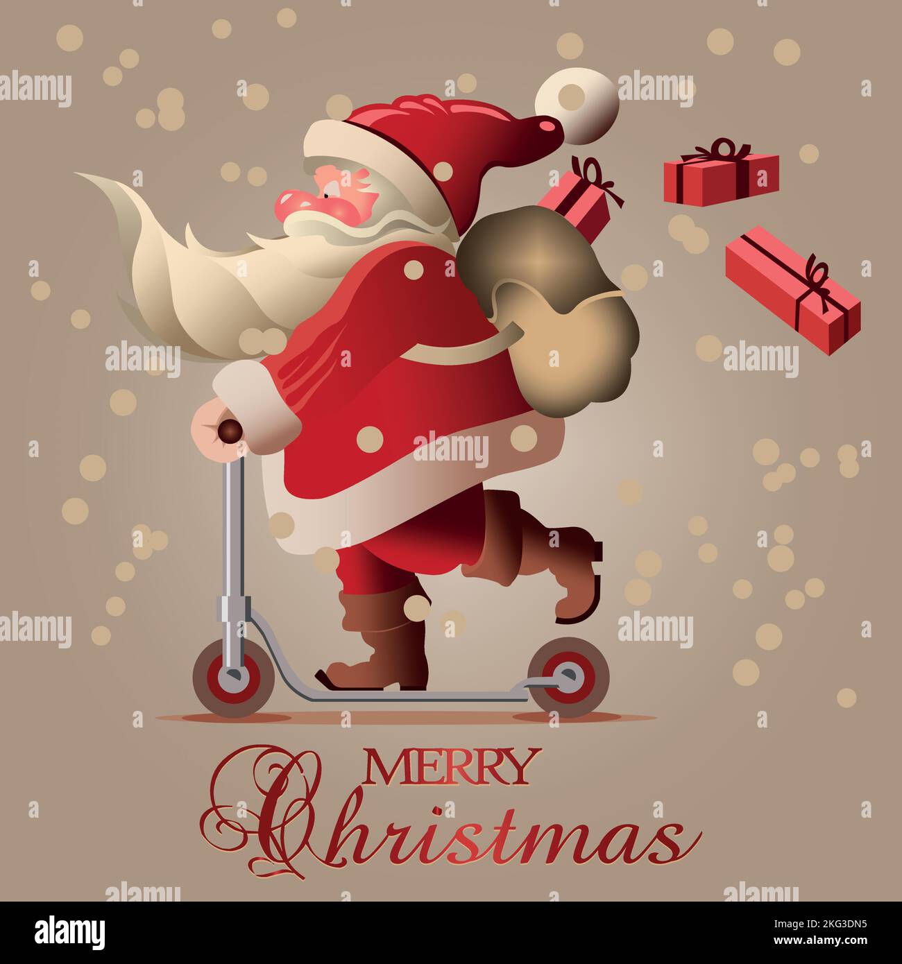 santa claus delivering christmas presents traveling on an electric scooter - vector illustration Stock Vector
