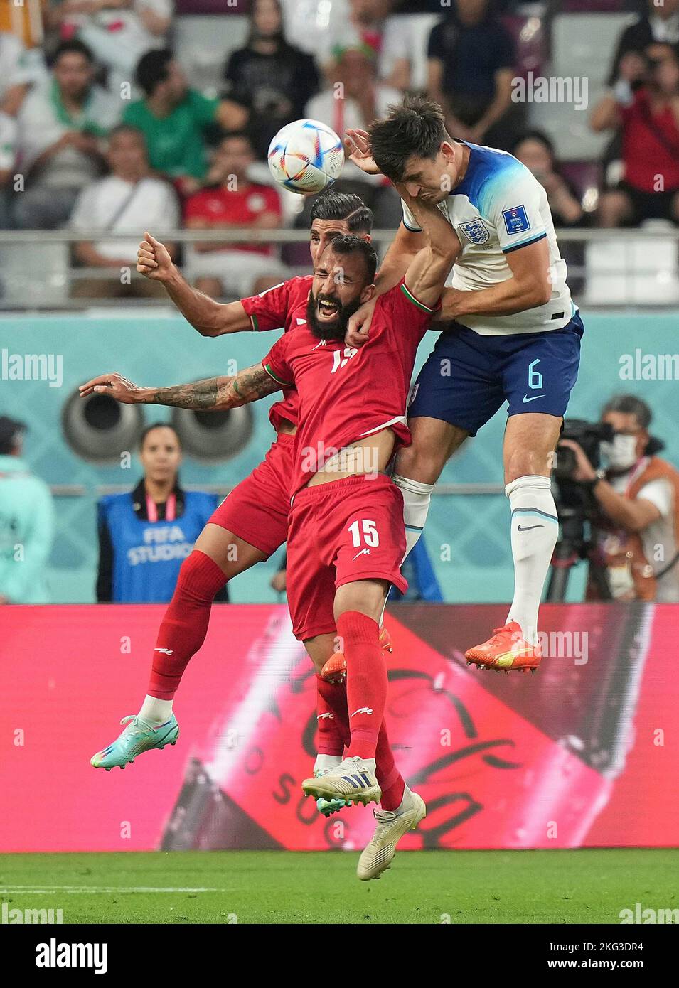 Doha, Katar. 21st Nov, 2022. November 21, 2022, Stade Bollaert-Delelis, Lens Agglo, QAT, World Cup FIFA 2022, Group B, England (GBR) vs Iran (IRN), in the picture Iran's defender Roozbeh Cheshmi, England's defender Harry Maguire Credit: dpa/Alamy Live News Stock Photo