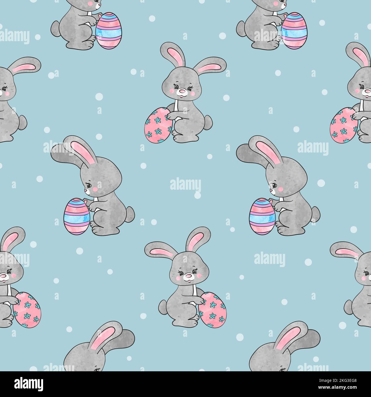 Seamless Easter pattern with cute watercolor bunnies and eggs. Stock Vector