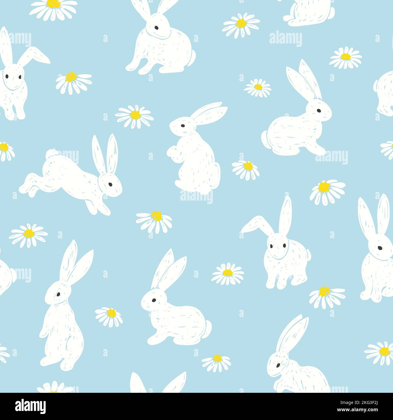 Seamless Easter pattern with cute bunny and flowers. Doodle vector ...