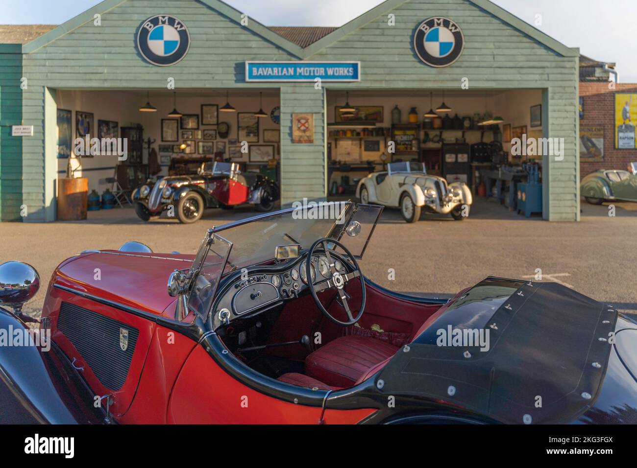 A mock up of an old Bavarian Motor Works (BMW) garage at the Goodwood Revival Stock Photo