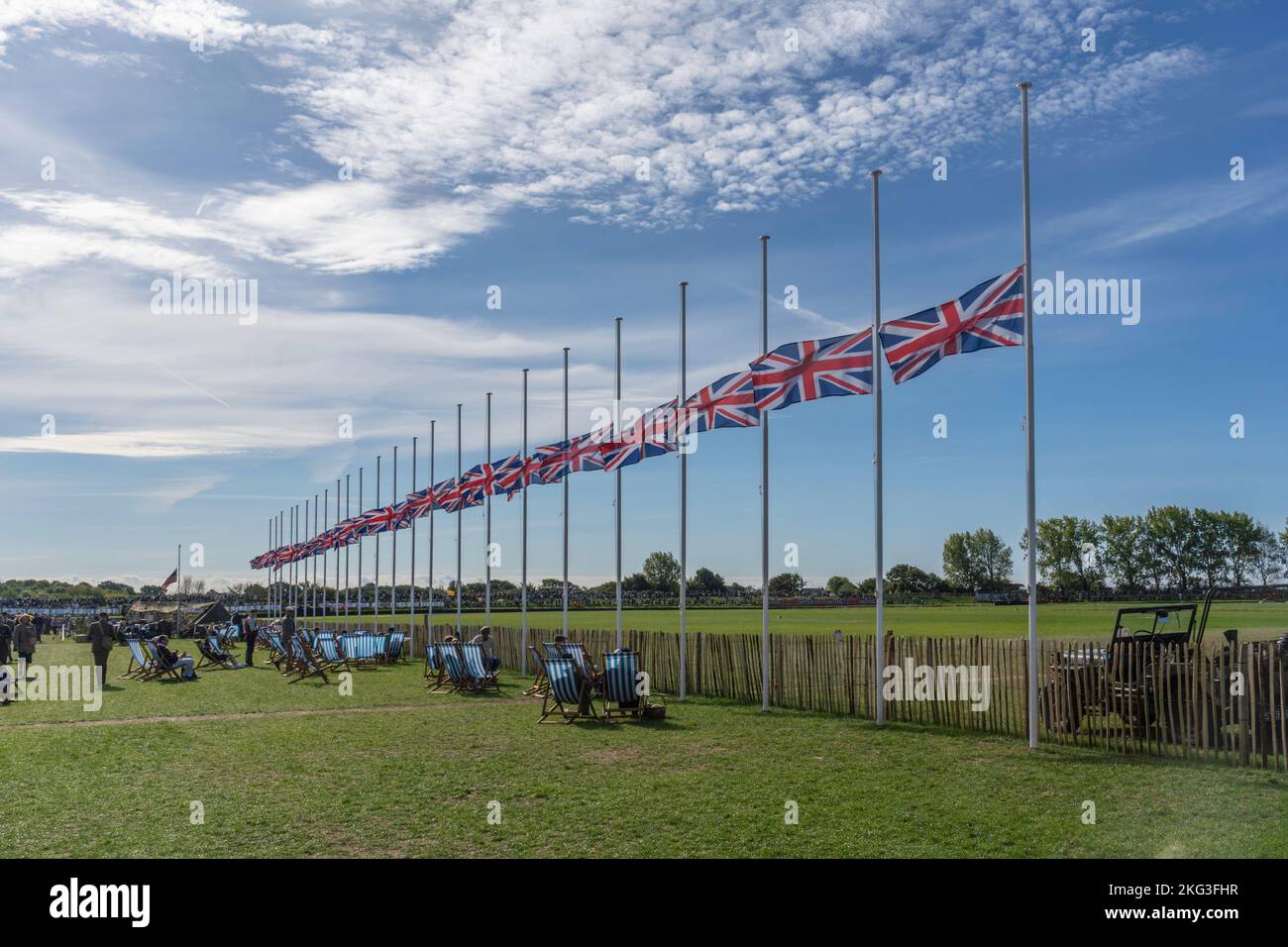 Union Jack flags flying at half mast as a tribute to our late Queen