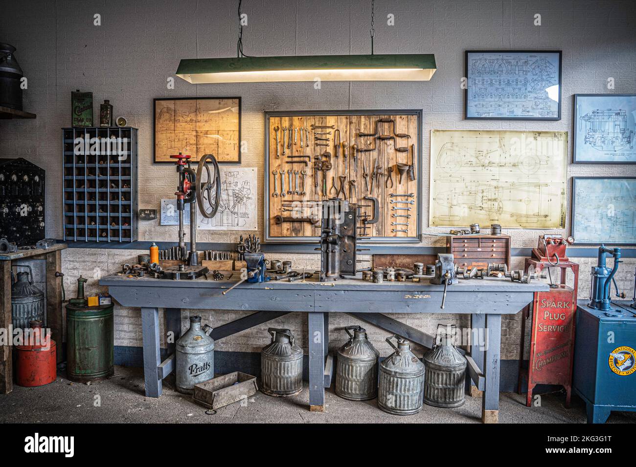 A mock up of an old Bavarian Motor Works (BMW) garage at the Goodwood Revival Stock Photo
