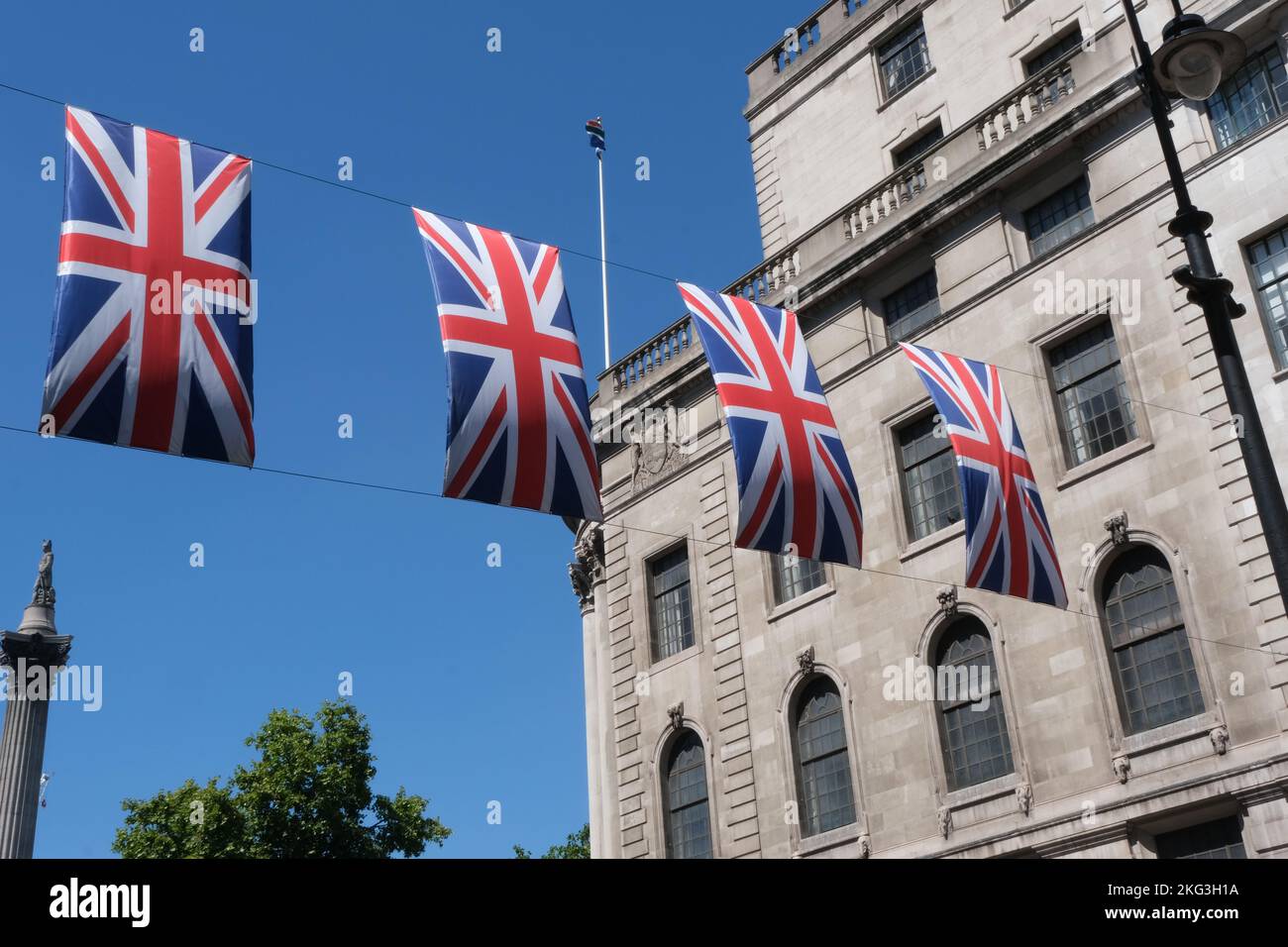 British flags hanging on the streets of London. Union jack flag