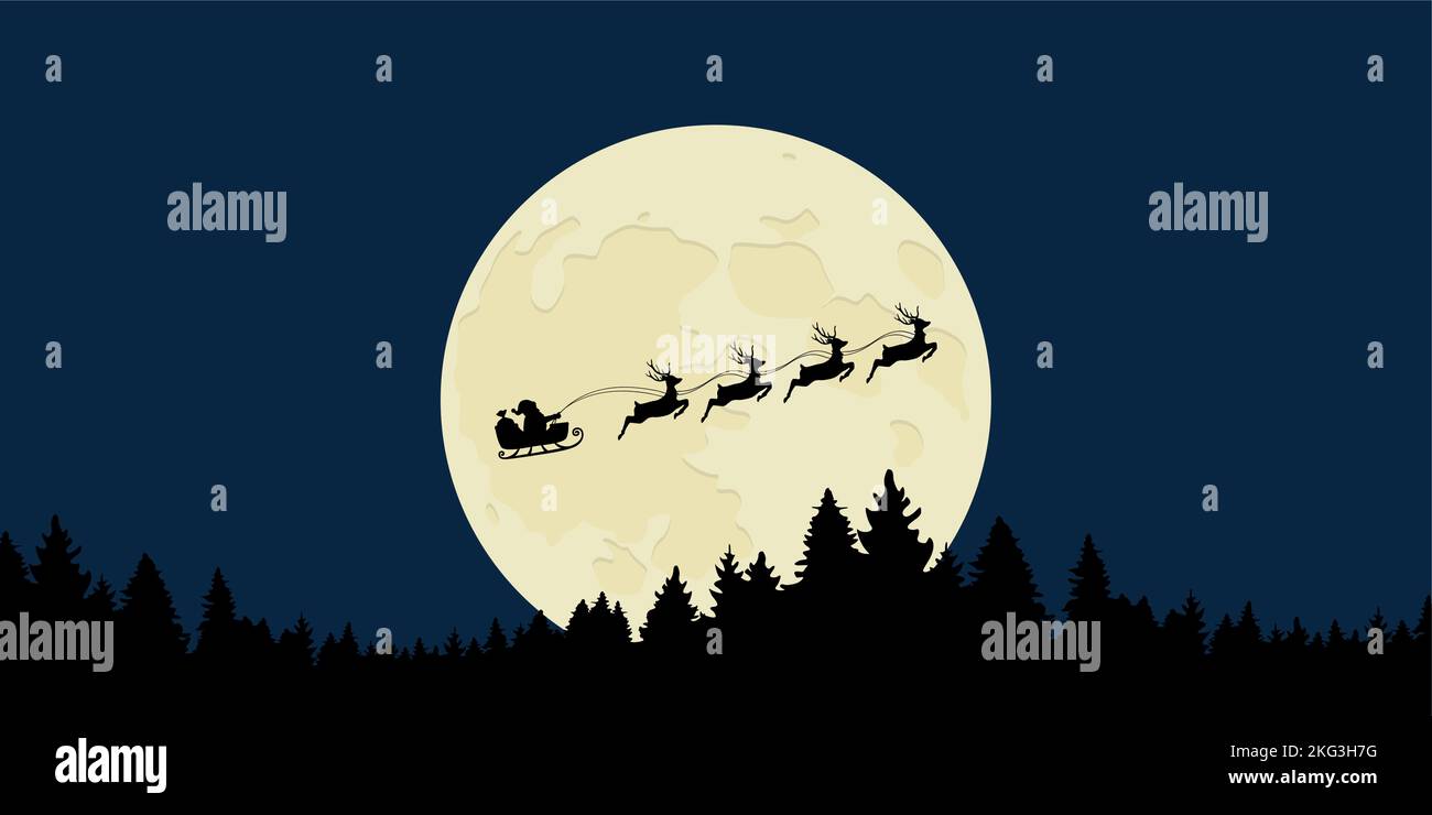 santa with reindeer sled at full moon night landscape Stock Vector