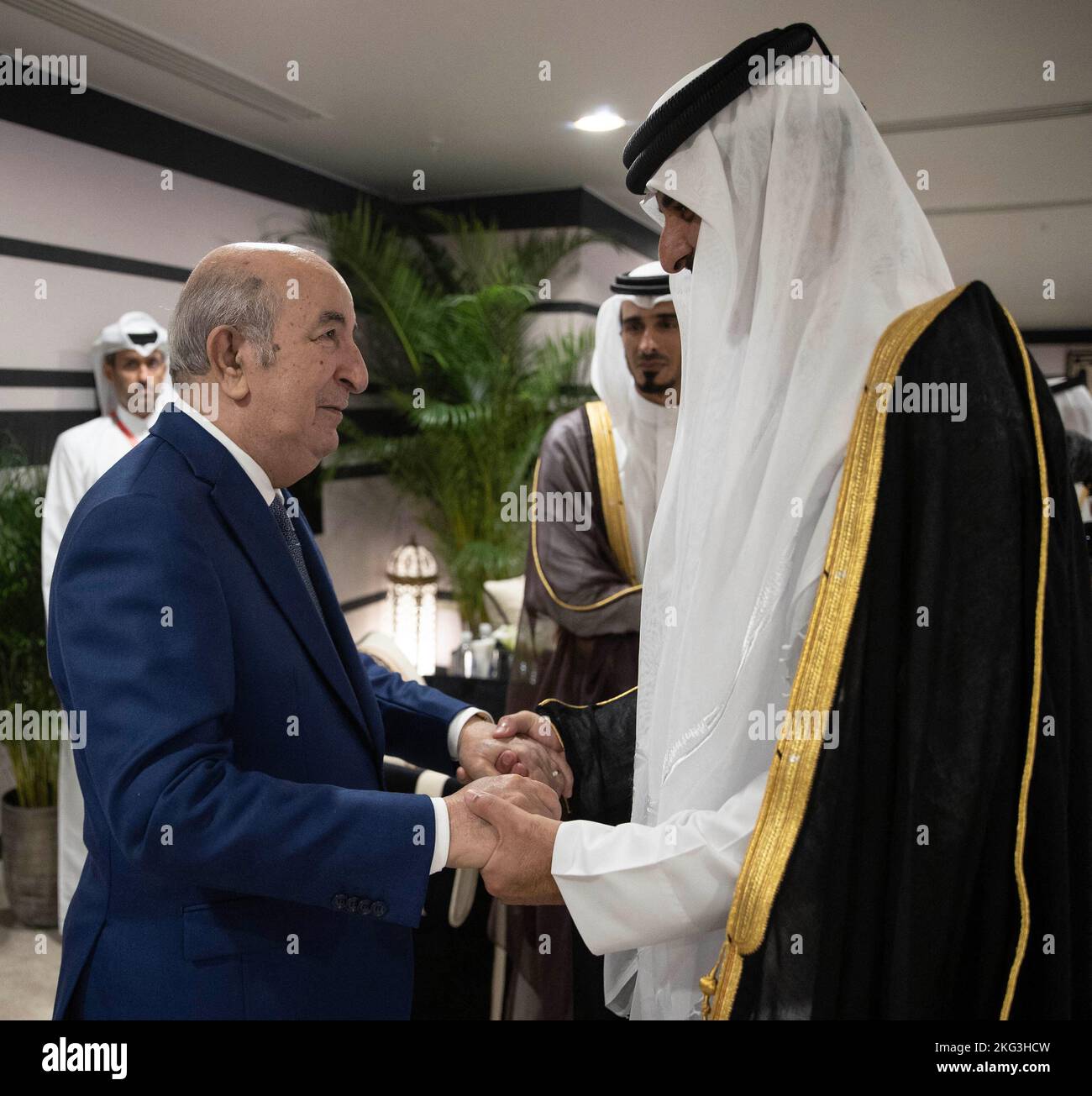 Emir of Qatar Sheikh Tamim bin Hamad al Tani receives Algerian president Abdelmadjid Tebboune at the opening ceremony, on first day of FIFA-World Cup Qatar 2022, in Doha, Qatar on November 20, 2022. Photo by Balkis Press/ABACAPRESS.COM Stock Photo