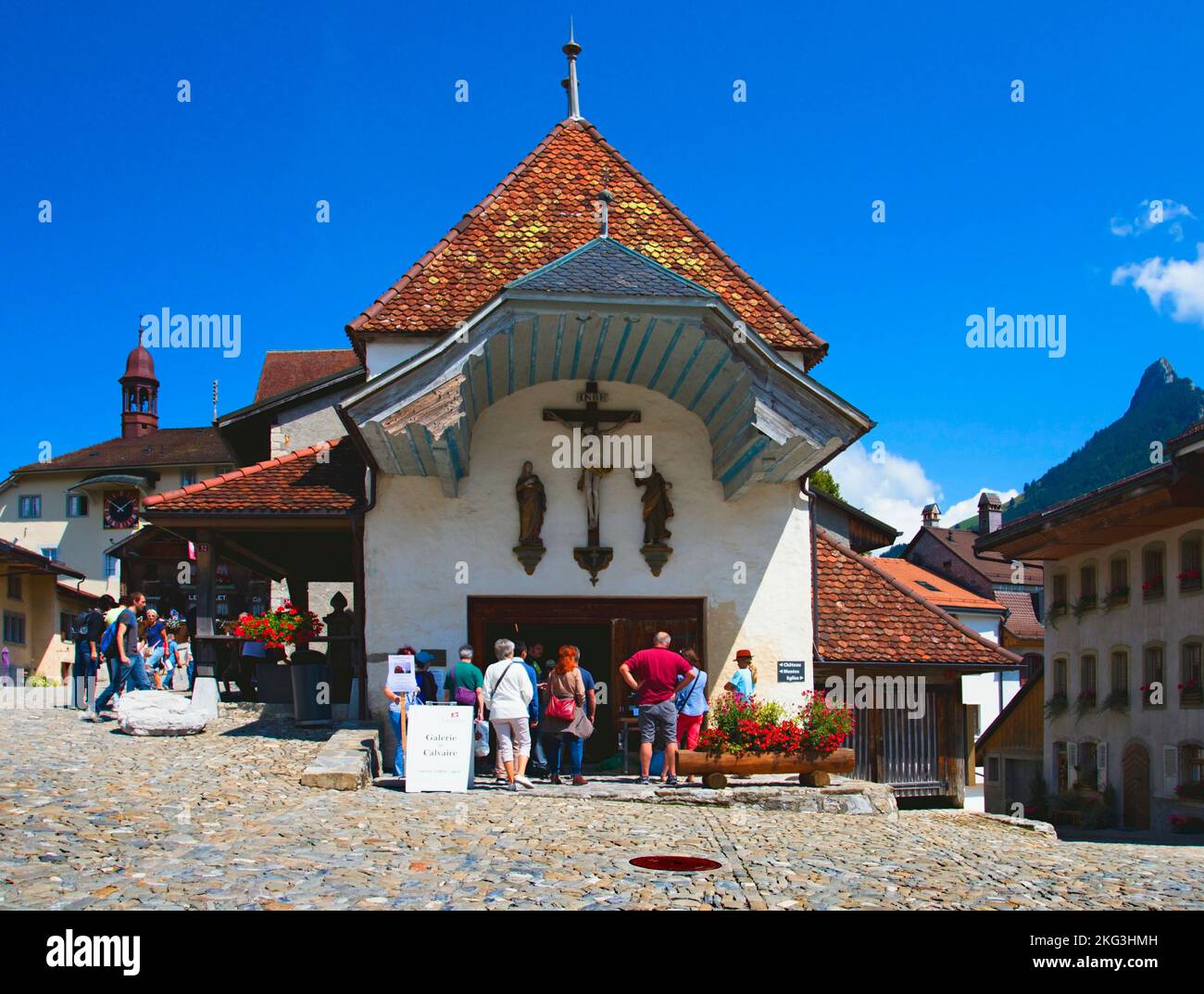 The town of Gruyere in the canton of Fribourg in the Swiss Alps. Stock Photo