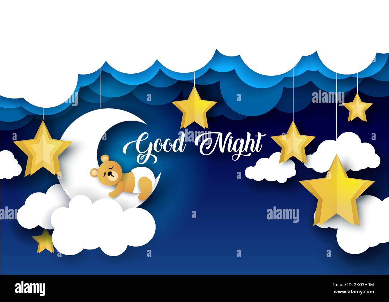Vector layered paper cut style cute teddy bear sleeping on crescent moon, good night lettering. Creative beautiful sweet dreams composition for card, Stock Vector