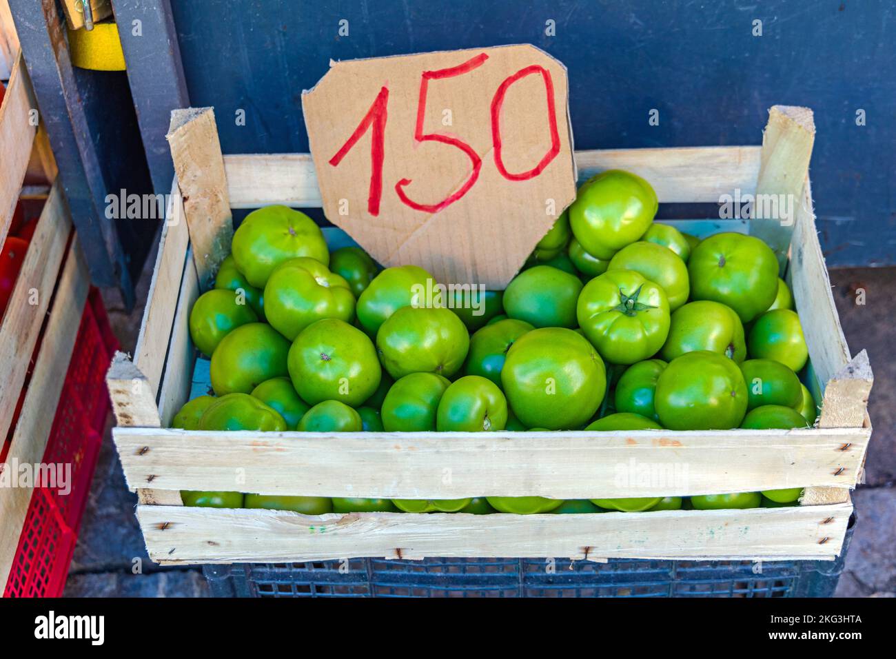 Green Tomato Produce in Wooden Crate With Price Tag Stock Photo Alamy
