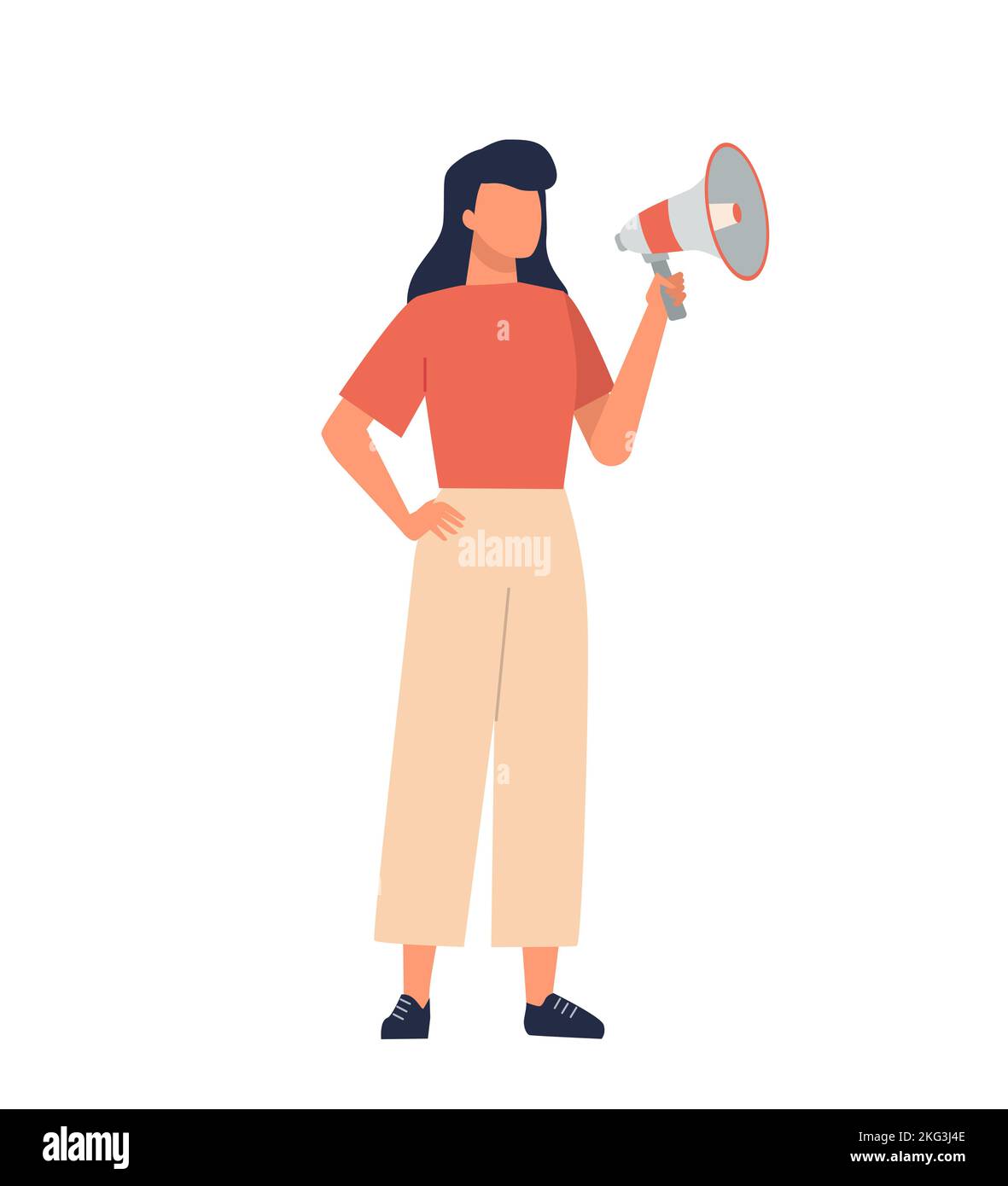 A young woman shouting on a megaphone. Female activist on protest. Vector character illustration in flat style Stock Vector