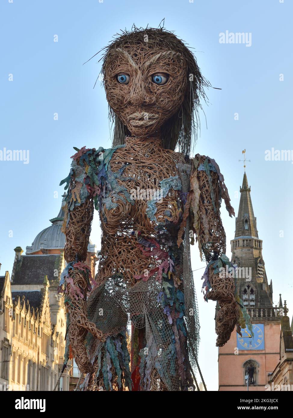 The 10m high giant puppet called 'Storm', by Vision Mechanics, came from the sea to walk the streets of Glasgow city centre at the Trongate, Scotland Stock Photo