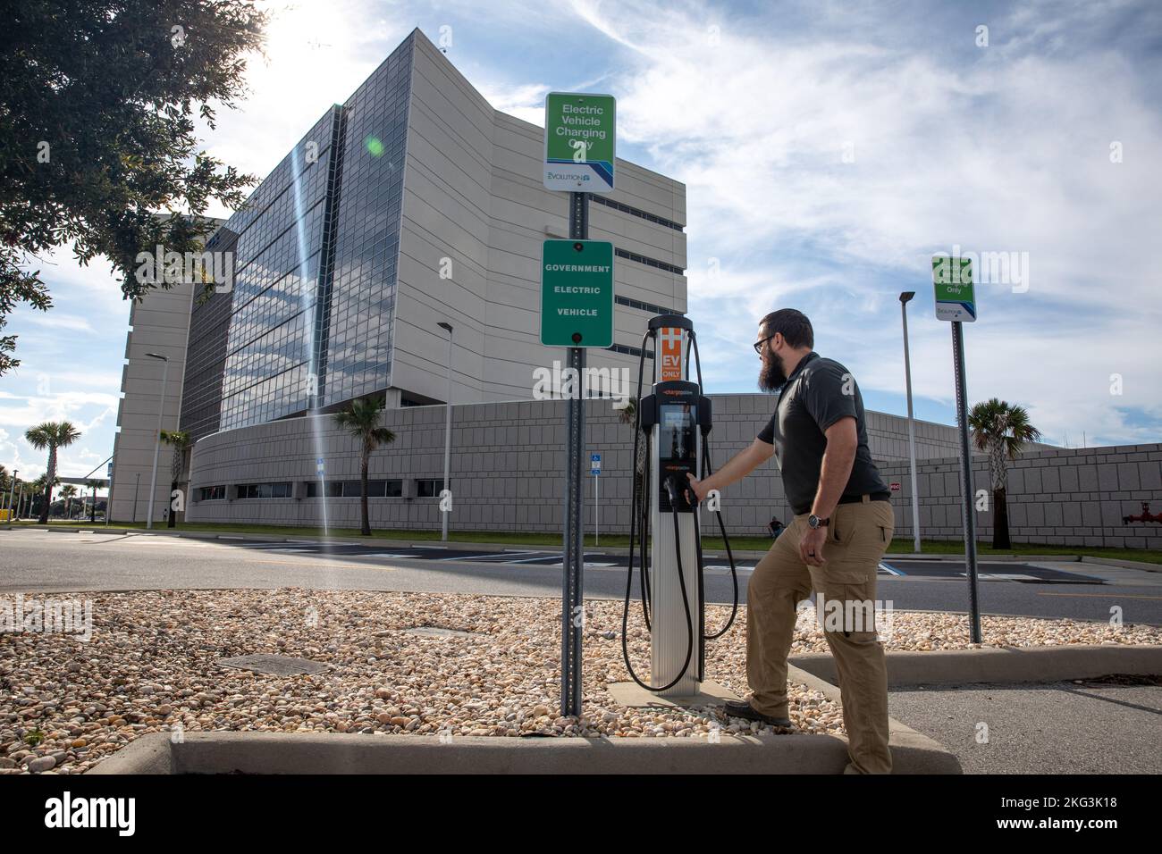 New Electric Vehicle Charging Stations. Spencer Davis, a NASA Traffic Management specialist in