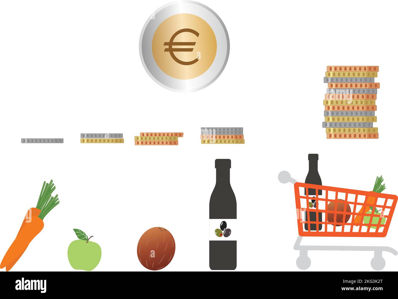Healthy food and euro coins, costs of healthy diet concept Stock Vector