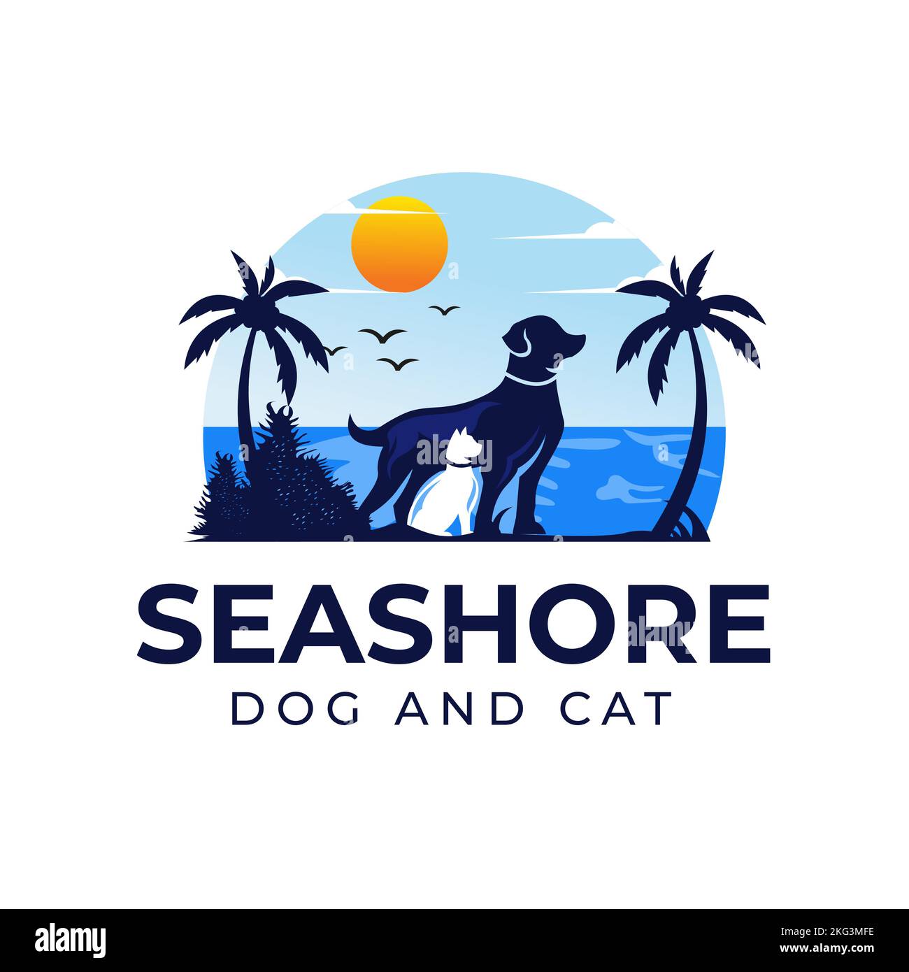 Vector Illustration Pets dog and cat island view background, lake, sun can be used pet shop Stock Vector