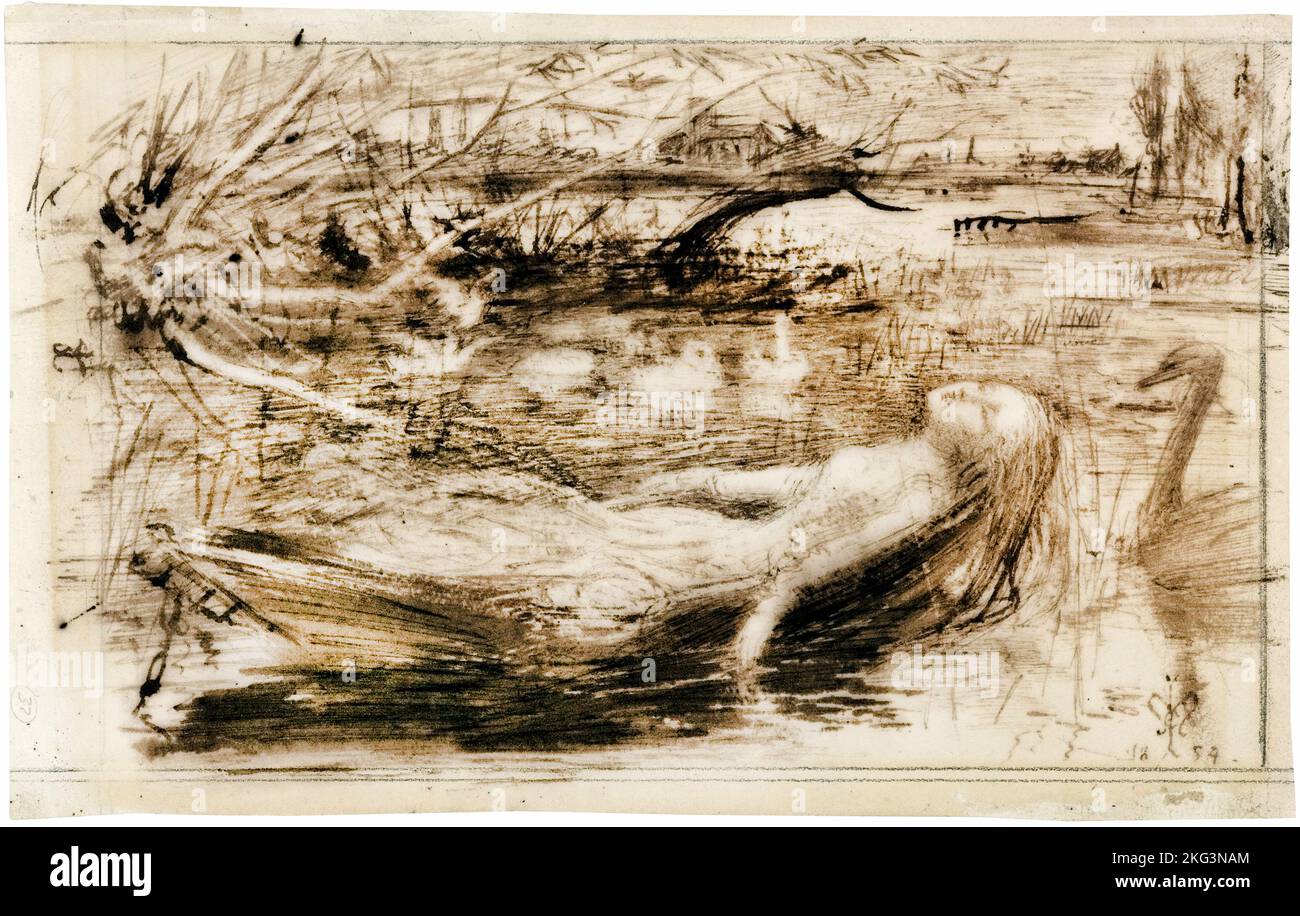 John Everett Millais; The Lady of Shalott; 1854; Pen, brown ink and wash on paper; Art Gallery of South Australia, North Terrace, Australia. Stock Photo