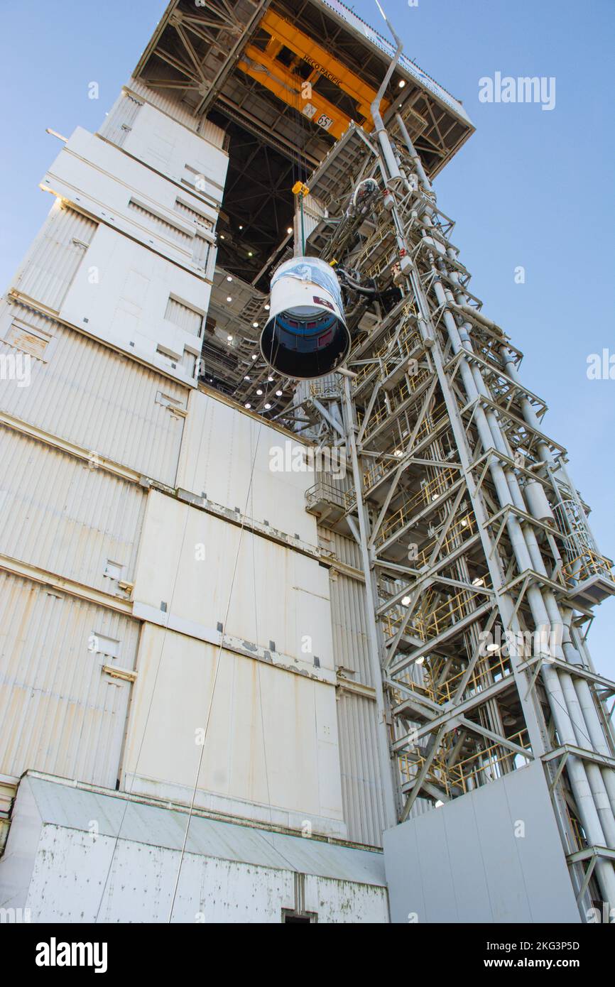 JPSS-2 ISA ASA Hoist. The United Launch Alliance Atlas V interstage adapter and aft stub adapter are hoisted up at the vertical integration facility at Space Launch Complex-3 at Vandenberg Space Force Base in California on Sept. 29, 2022. The adapter will be moved into the integration facility and secured atop the ULA Atlas V in preparation for the launch of the National Oceanic and Atmospheric Administration’s (NOAA) Joint Polar Satellite System-2 (JPSS-2). JPSS-2 and NASA’s Low-Earth Orbit Flight Test of an Inflatable Decelerator (LOFTID) secondary payload are scheduled to lift off from VSFB Stock Photo
