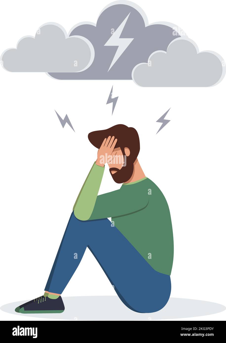 Stressed man sitting on the floor and holding his head. Headache, irritation, burnout or problem concept Stock Vector