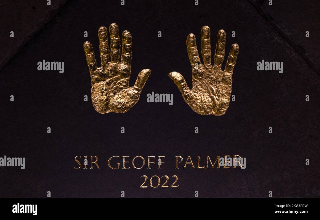 Sir Geoff Palmer gold painted pavement hand prints for Edinburgh Award 2022, City Chambers, Edinburgh, Scotland, UK Stock Photo